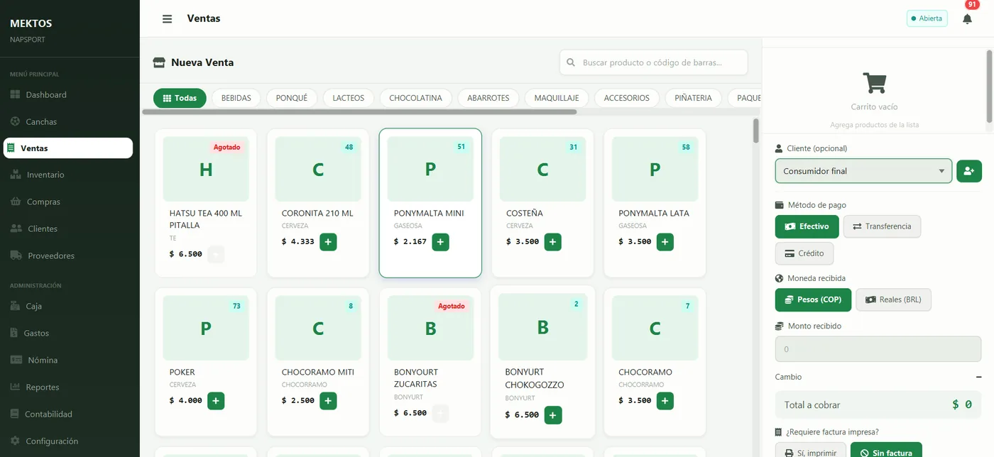 Pantalla de nueva venta de NAPSPORT con productos de barra, métodos de pago y moneda COP o BRL